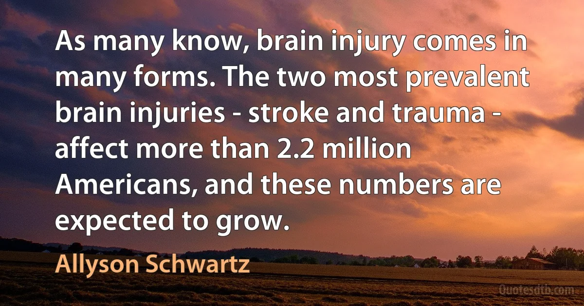 As many know, brain injury comes in many forms. The two most prevalent brain injuries - stroke and trauma - affect more than 2.2 million Americans, and these numbers are expected to grow. (Allyson Schwartz)