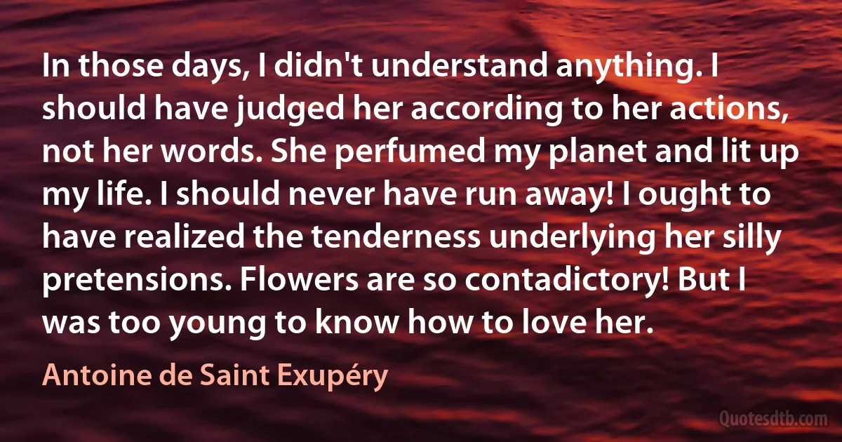 In those days, I didn't understand anything. I should have judged her according to her actions, not her words. She perfumed my planet and lit up my life. I should never have run away! I ought to have realized the tenderness underlying her silly pretensions. Flowers are so contadictory! But I was too young to know how to love her. (Antoine de Saint Exupéry)