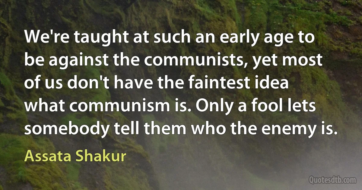 We're taught at such an early age to be against the communists, yet most of us don't have the faintest idea what communism is. Only a fool lets somebody tell them who the enemy is. (Assata Shakur)