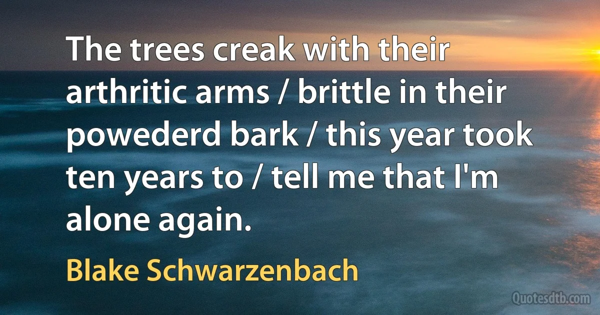 The trees creak with their arthritic arms / brittle in their powederd bark / this year took ten years to / tell me that I'm alone again. (Blake Schwarzenbach)