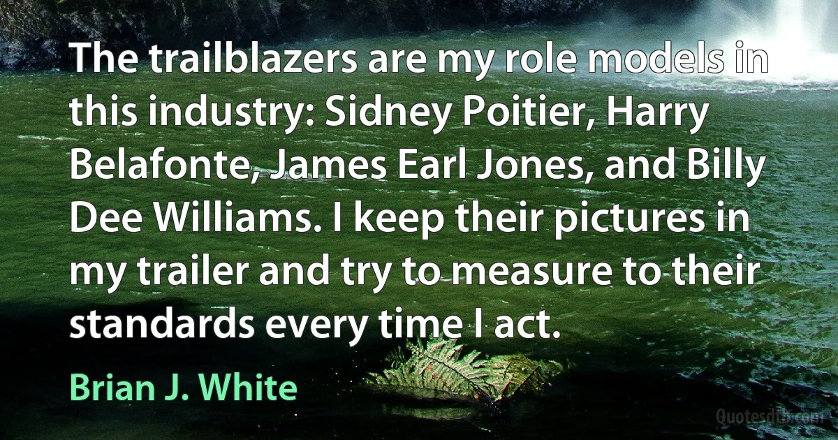 The trailblazers are my role models in this industry: Sidney Poitier, Harry Belafonte, James Earl Jones, and Billy Dee Williams. I keep their pictures in my trailer and try to measure to their standards every time I act. (Brian J. White)