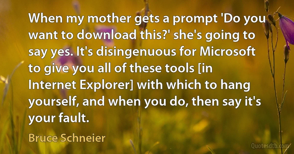 When my mother gets a prompt 'Do you want to download this?' she's going to say yes. It's disingenuous for Microsoft to give you all of these tools [in Internet Explorer] with which to hang yourself, and when you do, then say it's your fault. (Bruce Schneier)