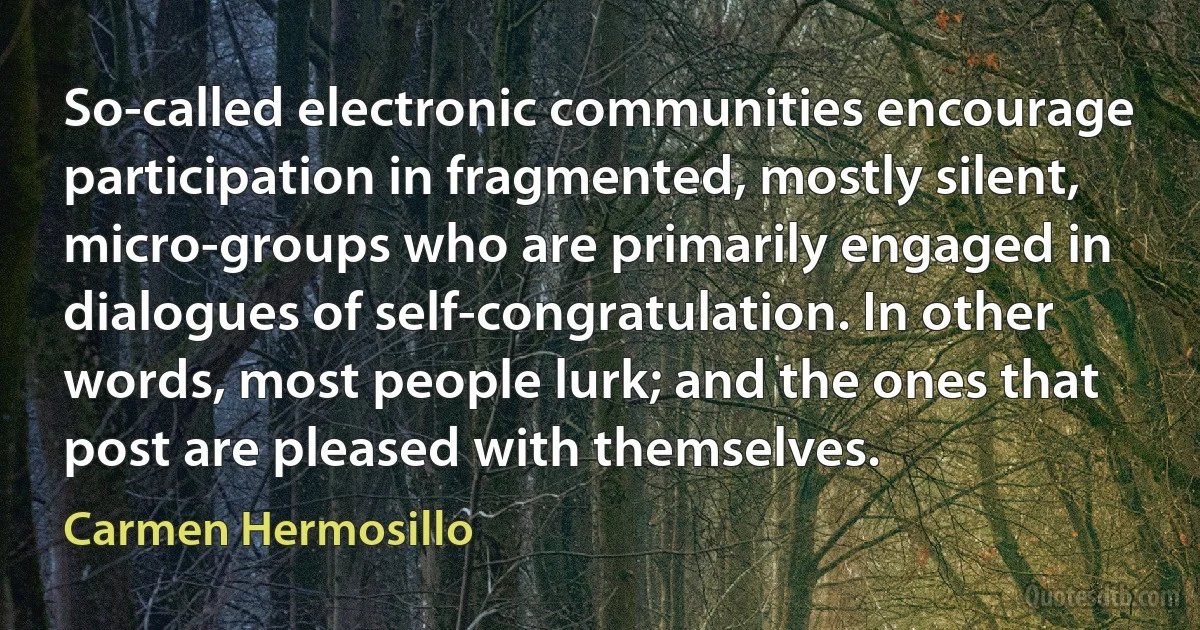 So-called electronic communities encourage participation in fragmented, mostly silent, micro-groups who are primarily engaged in dialogues of self-congratulation. In other words, most people lurk; and the ones that post are pleased with themselves. (Carmen Hermosillo)