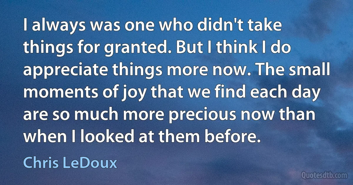 I always was one who didn't take things for granted. But I think I do appreciate things more now. The small moments of joy that we find each day are so much more precious now than when I looked at them before. (Chris LeDoux)