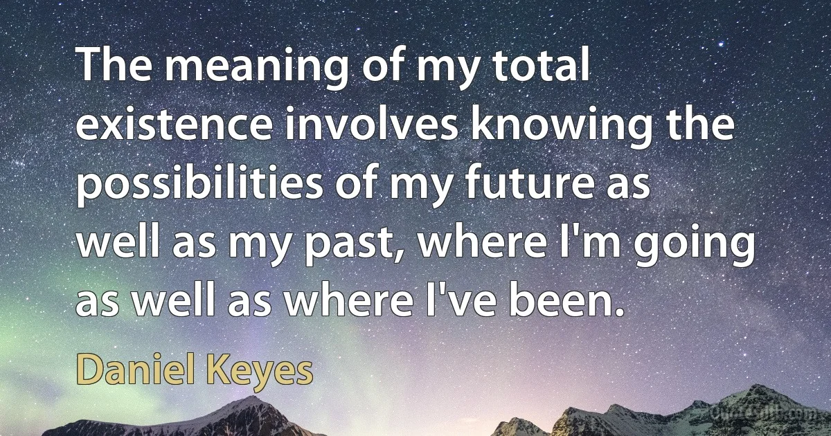 The meaning of my total existence involves knowing the possibilities of my future as well as my past, where I'm going as well as where I've been. (Daniel Keyes)