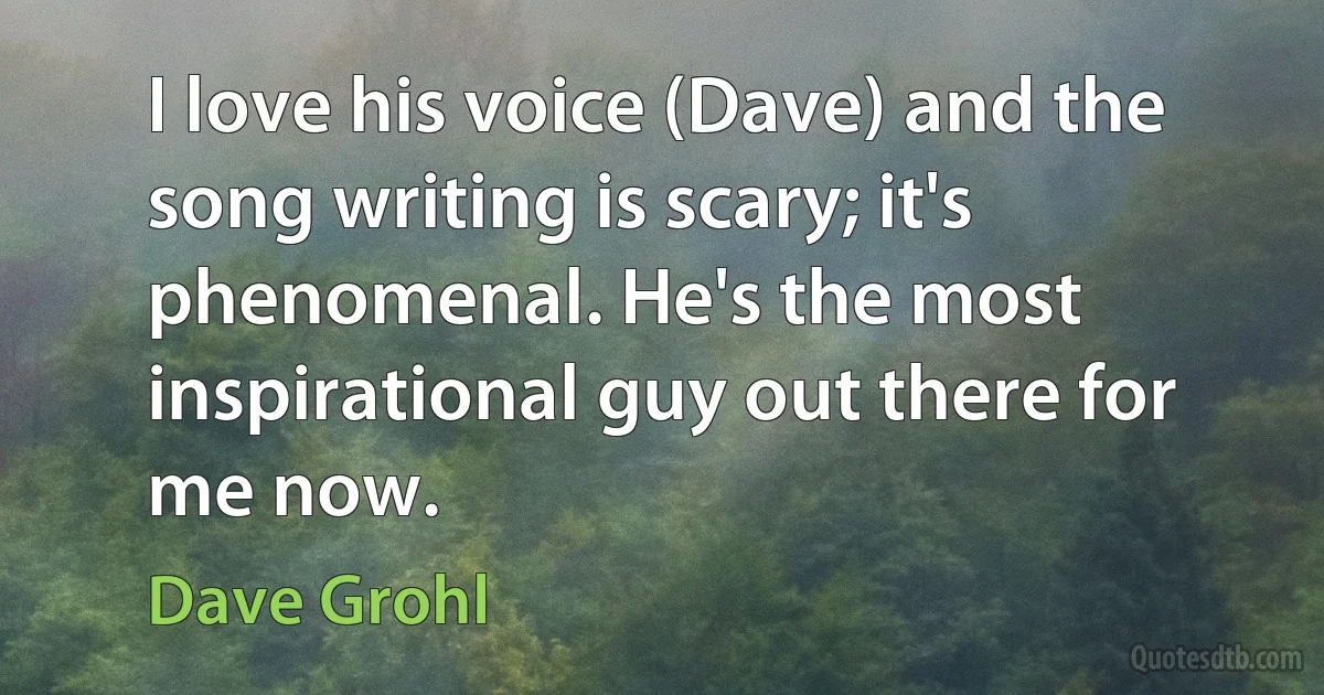 I love his voice (Dave) and the song writing is scary; it's phenomenal. He's the most inspirational guy out there for me now. (Dave Grohl)