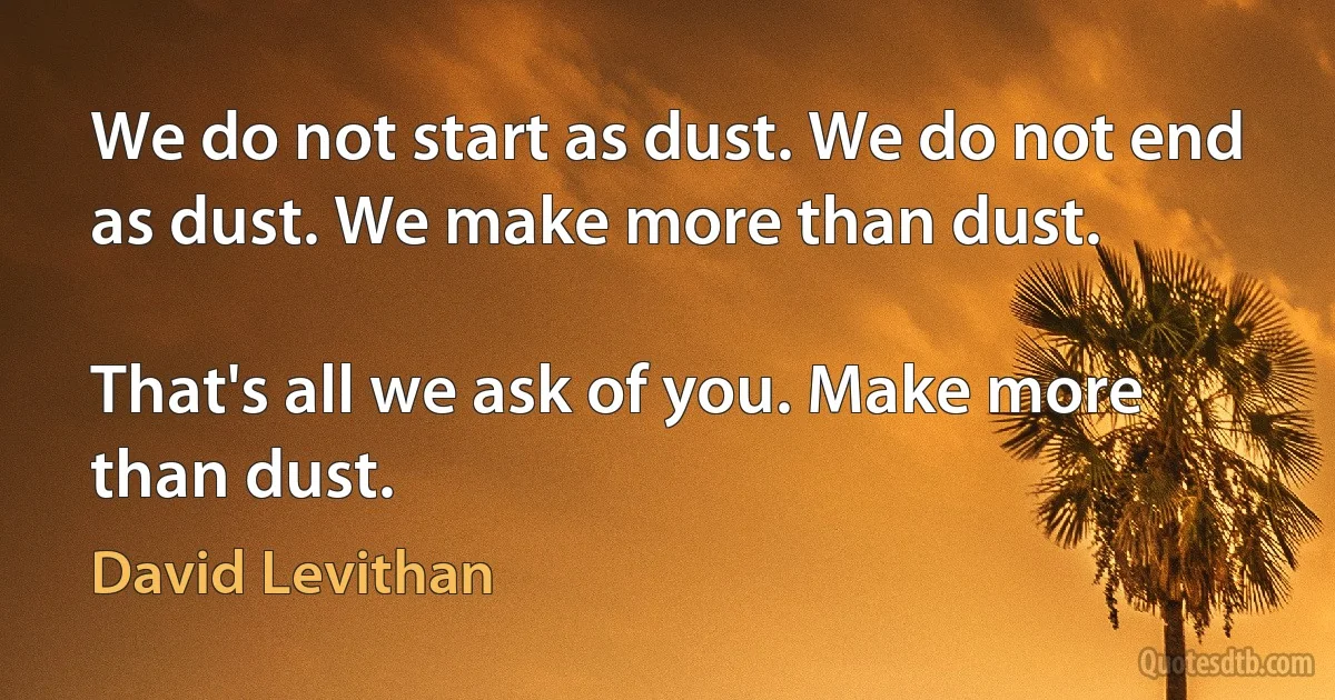 We do not start as dust. We do not end as dust. We make more than dust.

That's all we ask of you. Make more than dust. (David Levithan)