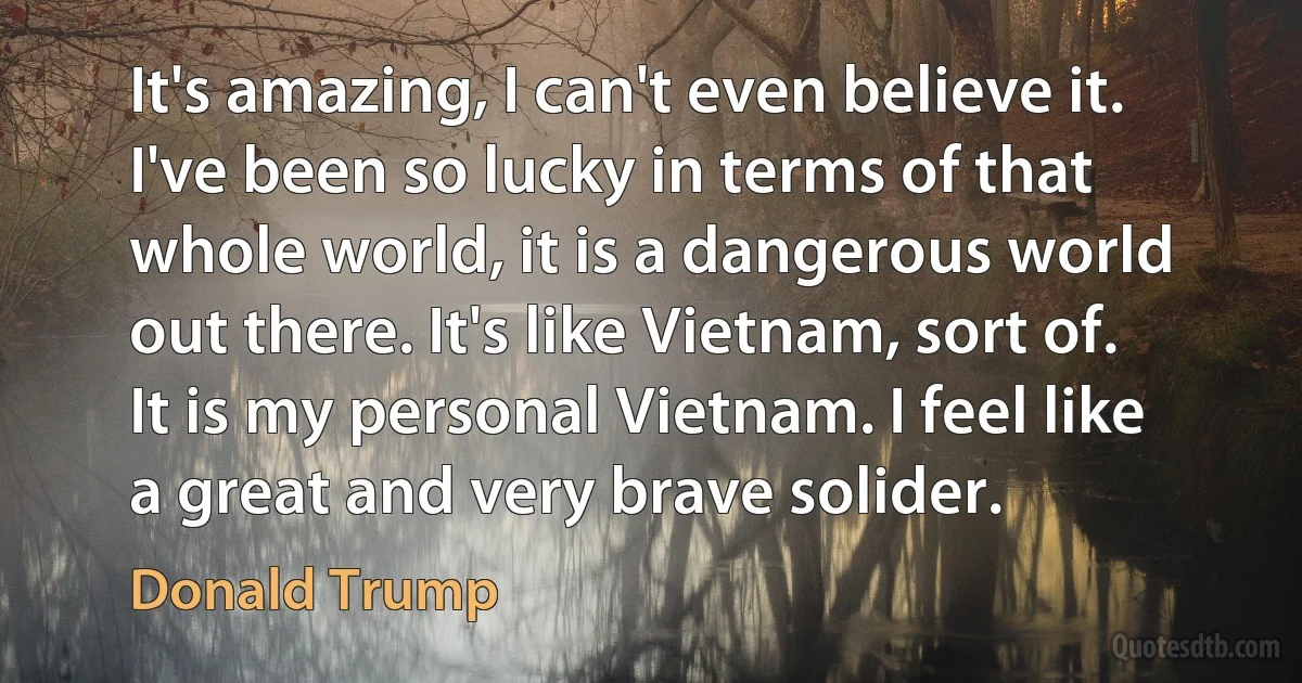 It's amazing, I can't even believe it. I've been so lucky in terms of that whole world, it is a dangerous world out there. It's like Vietnam, sort of. It is my personal Vietnam. I feel like a great and very brave solider. (Donald Trump)