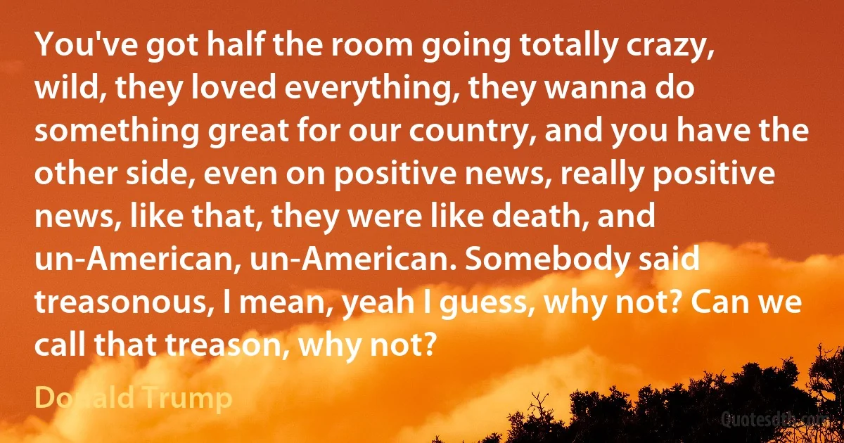 You've got half the room going totally crazy, wild, they loved everything, they wanna do something great for our country, and you have the other side, even on positive news, really positive news, like that, they were like death, and un-American, un-American. Somebody said treasonous, I mean, yeah I guess, why not? Can we call that treason, why not? (Donald Trump)