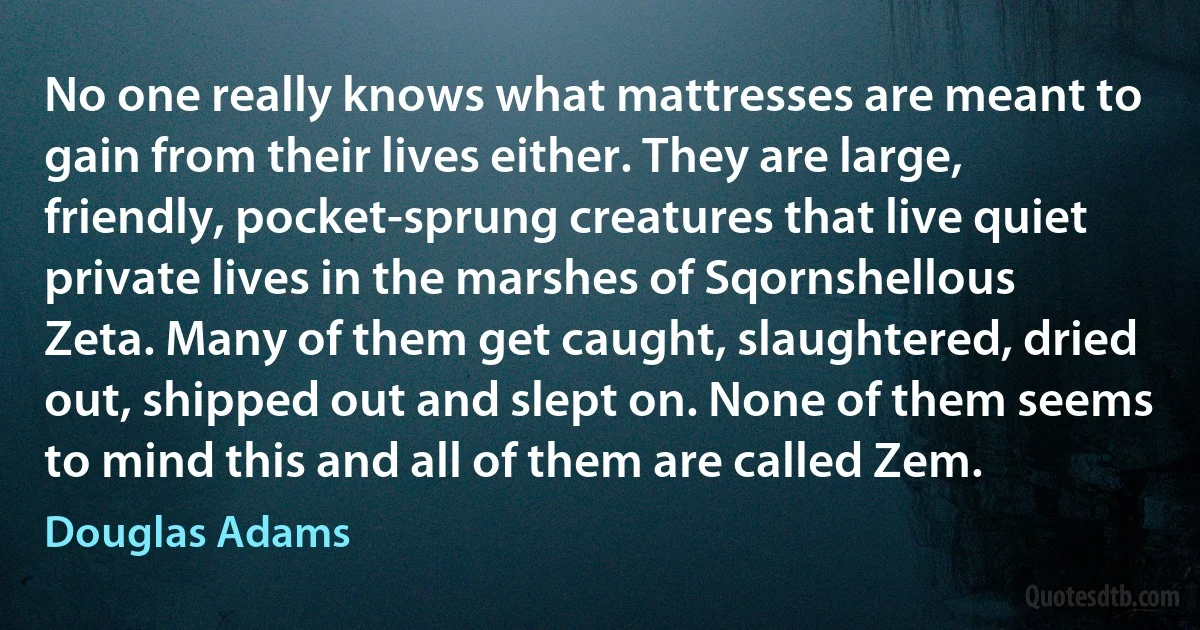 No one really knows what mattresses are meant to gain from their lives either. They are large, friendly, pocket-sprung creatures that live quiet private lives in the marshes of Sqornshellous Zeta. Many of them get caught, slaughtered, dried out, shipped out and slept on. None of them seems to mind this and all of them are called Zem. (Douglas Adams)