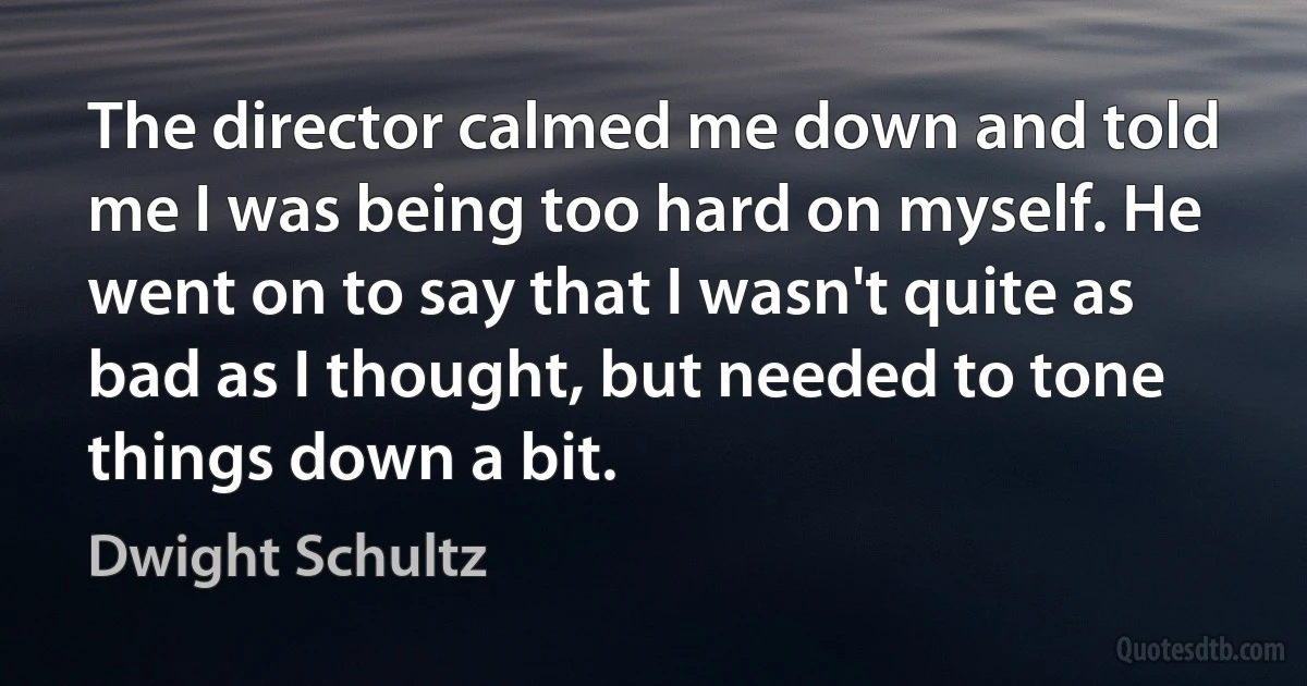 The director calmed me down and told me I was being too hard on myself. He went on to say that I wasn't quite as bad as I thought, but needed to tone things down a bit. (Dwight Schultz)