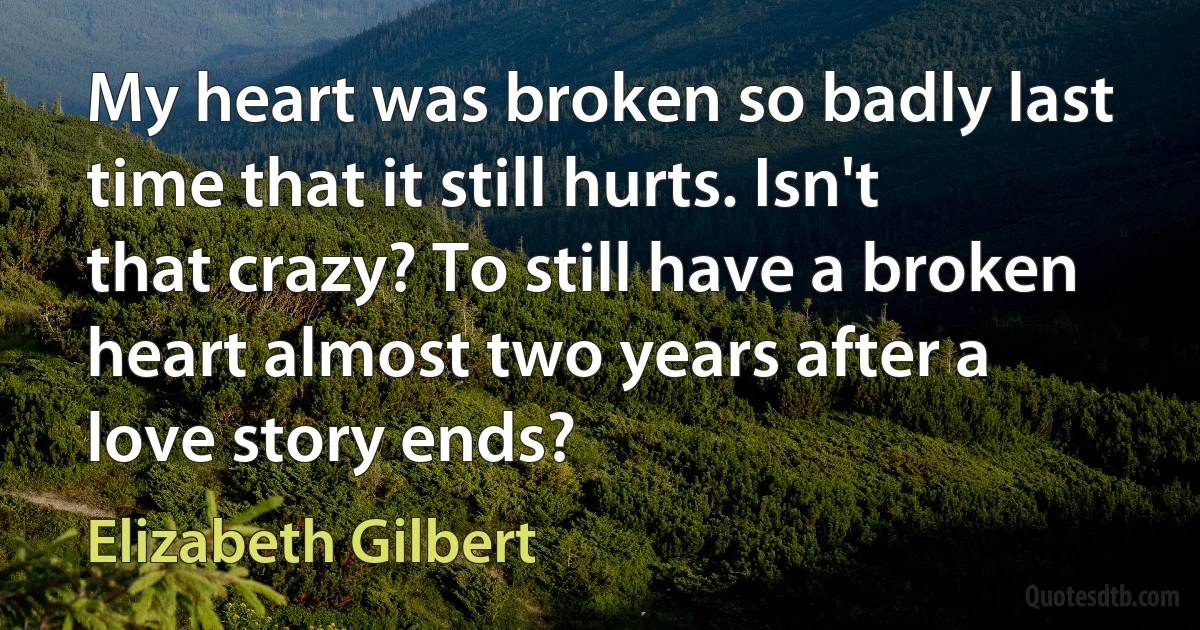 My heart was broken so badly last time that it still hurts. Isn't that crazy? To still have a broken heart almost two years after a love story ends? (Elizabeth Gilbert)