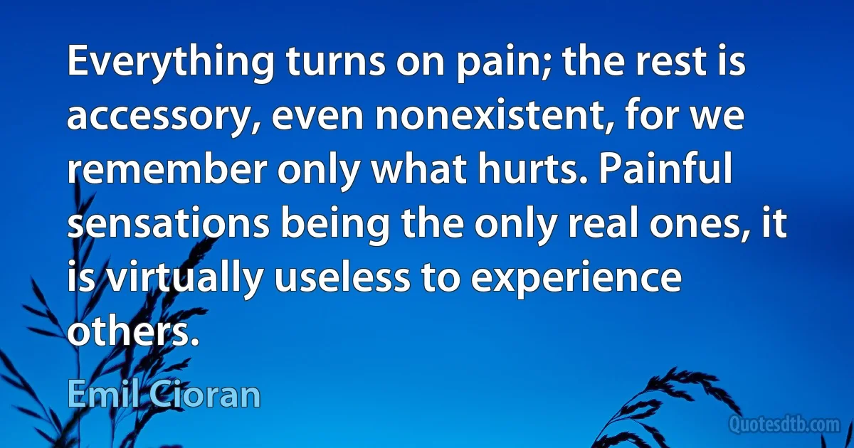 Everything turns on pain; the rest is accessory, even nonexistent, for we remember only what hurts. Painful sensations being the only real ones, it is virtually useless to experience others. (Emil Cioran)