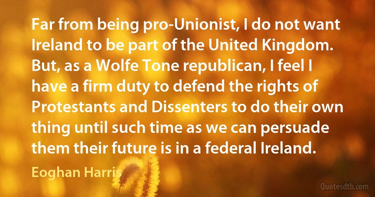 Far from being pro-Unionist, I do not want Ireland to be part of the United Kingdom. But, as a Wolfe Tone republican, I feel I have a firm duty to defend the rights of Protestants and Dissenters to do their own thing until such time as we can persuade them their future is in a federal Ireland. (Eoghan Harris)