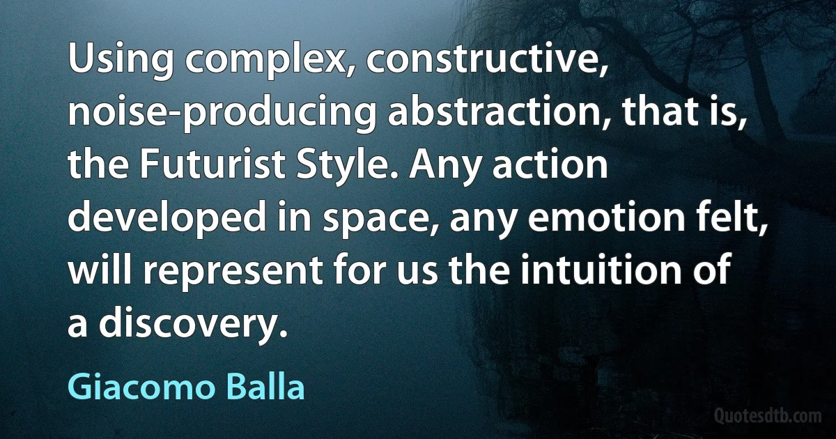 Using complex, constructive, noise-producing abstraction, that is, the Futurist Style. Any action developed in space, any emotion felt, will represent for us the intuition of a discovery. (Giacomo Balla)