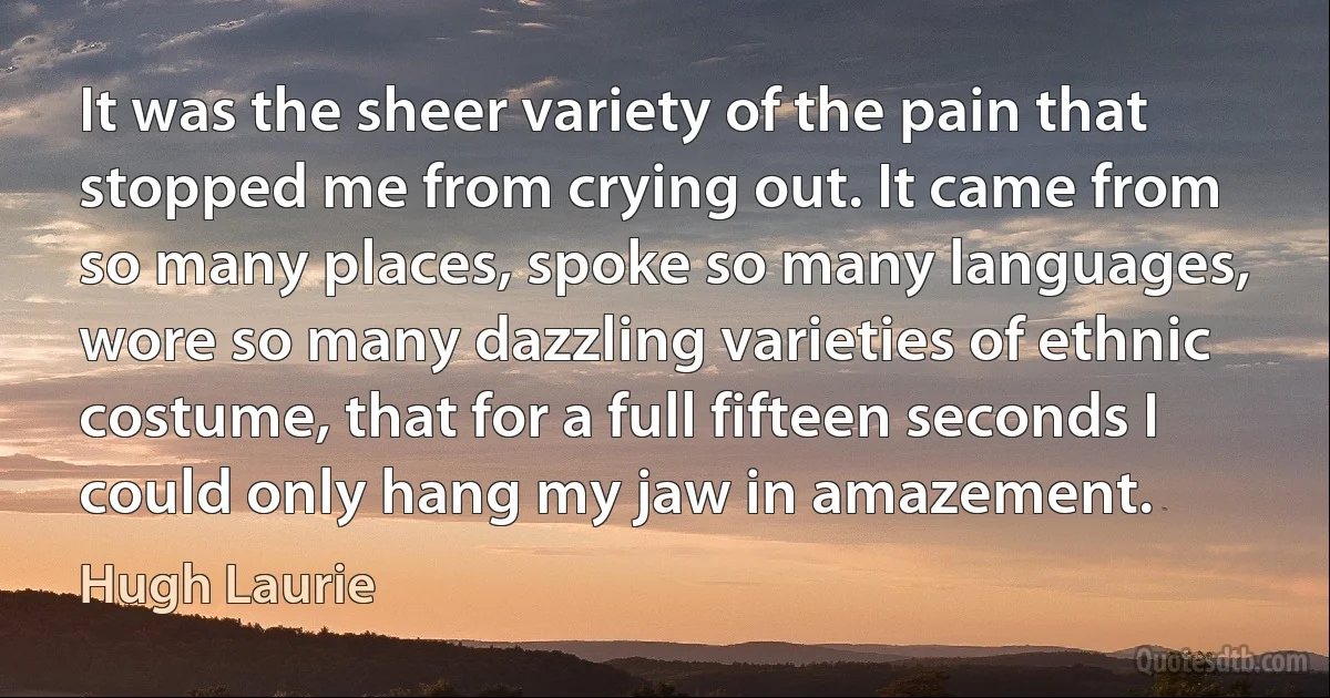 It was the sheer variety of the pain that stopped me from crying out. It came from so many places, spoke so many languages, wore so many dazzling varieties of ethnic costume, that for a full fifteen seconds I could only hang my jaw in amazement. (Hugh Laurie)