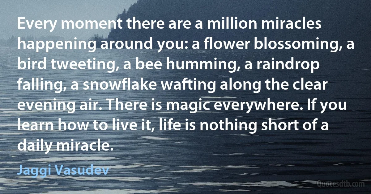 Every moment there are a million miracles happening around you: a flower blossoming, a bird tweeting, a bee humming, a raindrop falling, a snowflake wafting along the clear evening air. There is magic everywhere. If you learn how to live it, life is nothing short of a daily miracle. (Jaggi Vasudev)