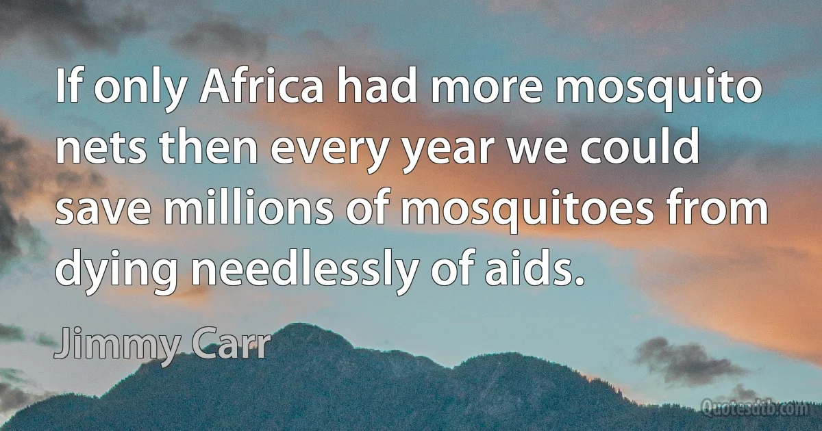 If only Africa had more mosquito nets then every year we could save millions of mosquitoes from dying needlessly of aids. (Jimmy Carr)