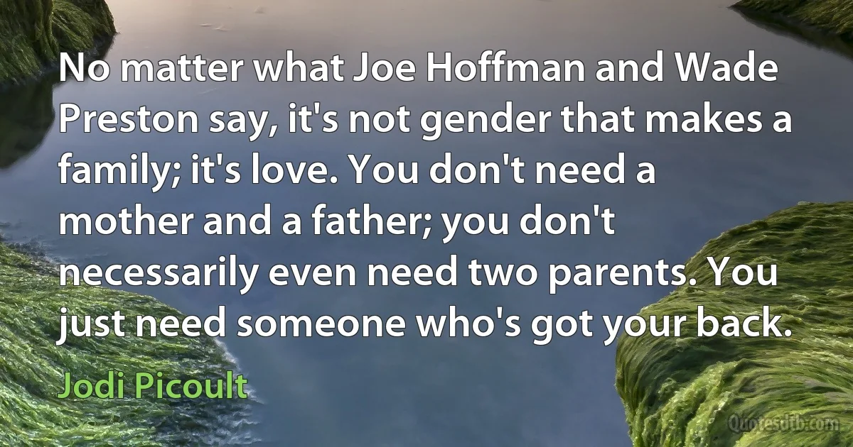 No matter what Joe Hoffman and Wade Preston say, it's not gender that makes a family; it's love. You don't need a mother and a father; you don't necessarily even need two parents. You just need someone who's got your back. (Jodi Picoult)