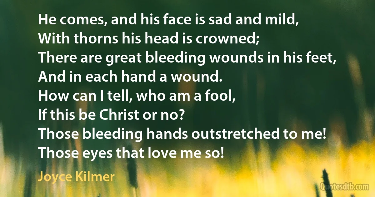 He comes, and his face is sad and mild,
With thorns his head is crowned;
There are great bleeding wounds in his feet,
And in each hand a wound.
How can I tell, who am a fool,
If this be Christ or no?
Those bleeding hands outstretched to me!
Those eyes that love me so! (Joyce Kilmer)