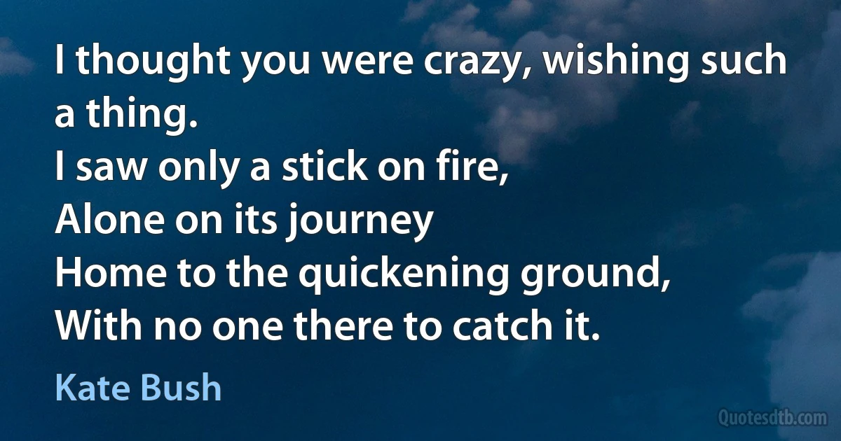 I thought you were crazy, wishing such a thing.
I saw only a stick on fire,
Alone on its journey
Home to the quickening ground,
With no one there to catch it. (Kate Bush)