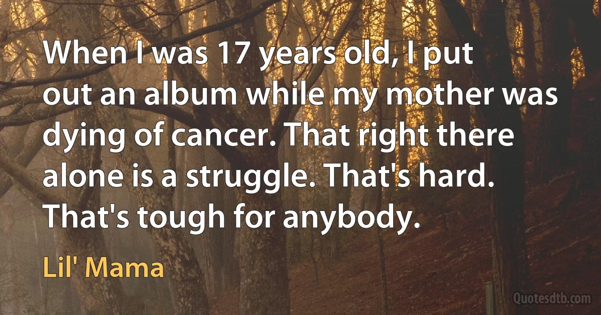 When I was 17 years old, I put out an album while my mother was dying of cancer. That right there alone is a struggle. That's hard. That's tough for anybody. (Lil' Mama)