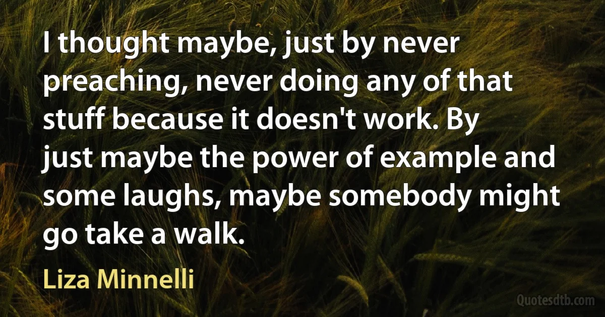 I thought maybe, just by never preaching, never doing any of that stuff because it doesn't work. By just maybe the power of example and some laughs, maybe somebody might go take a walk. (Liza Minnelli)