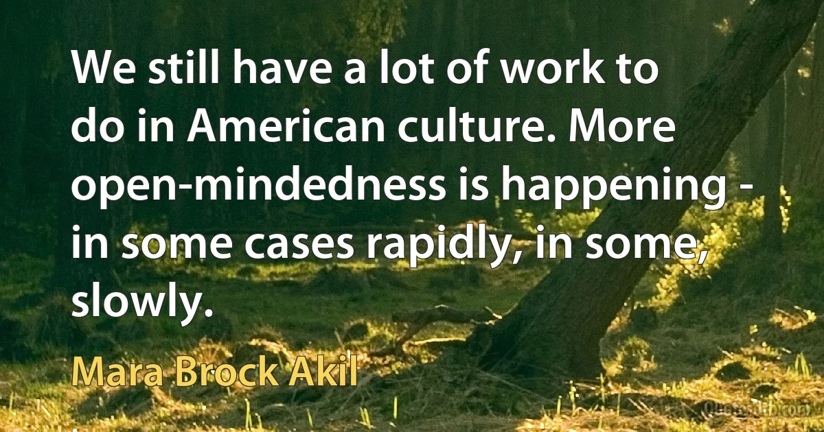 We still have a lot of work to do in American culture. More open-mindedness is happening - in some cases rapidly, in some, slowly. (Mara Brock Akil)