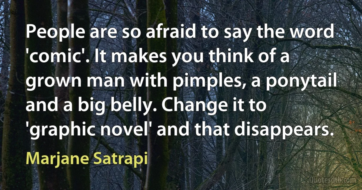 People are so afraid to say the word 'comic'. It makes you think of a grown man with pimples, a ponytail and a big belly. Change it to 'graphic novel' and that disappears. (Marjane Satrapi)