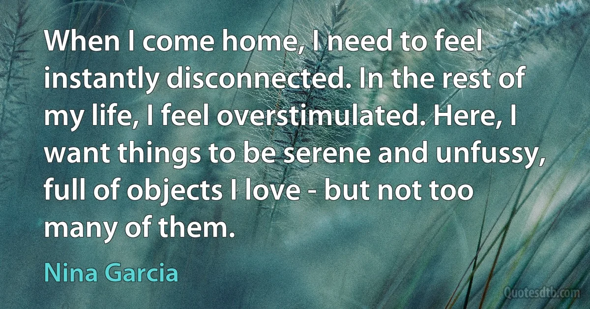 When I come home, I need to feel instantly disconnected. In the rest of my life, I feel overstimulated. Here, I want things to be serene and unfussy, full of objects I love - but not too many of them. (Nina Garcia)