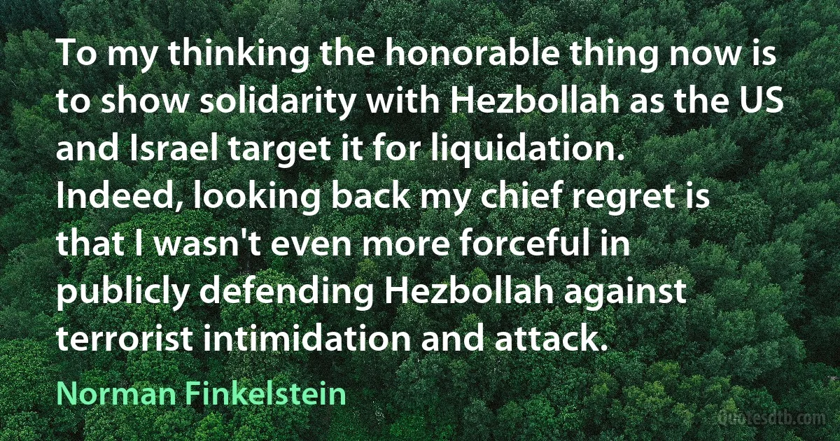 To my thinking the honorable thing now is to show solidarity with Hezbollah as the US and Israel target it for liquidation. Indeed, looking back my chief regret is that I wasn't even more forceful in publicly defending Hezbollah against terrorist intimidation and attack. (Norman Finkelstein)