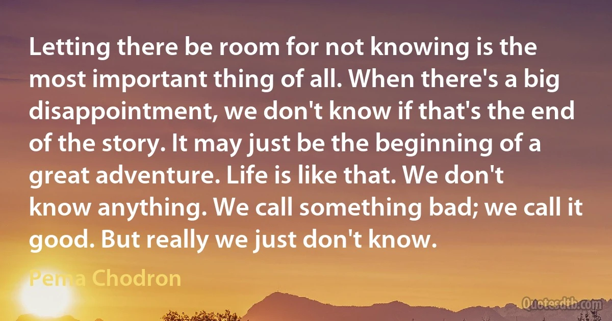 Letting there be room for not knowing is the most important thing of all. When there's a big disappointment, we don't know if that's the end of the story. It may just be the beginning of a great adventure. Life is like that. We don't know anything. We call something bad; we call it good. But really we just don't know. (Pema Chodron)