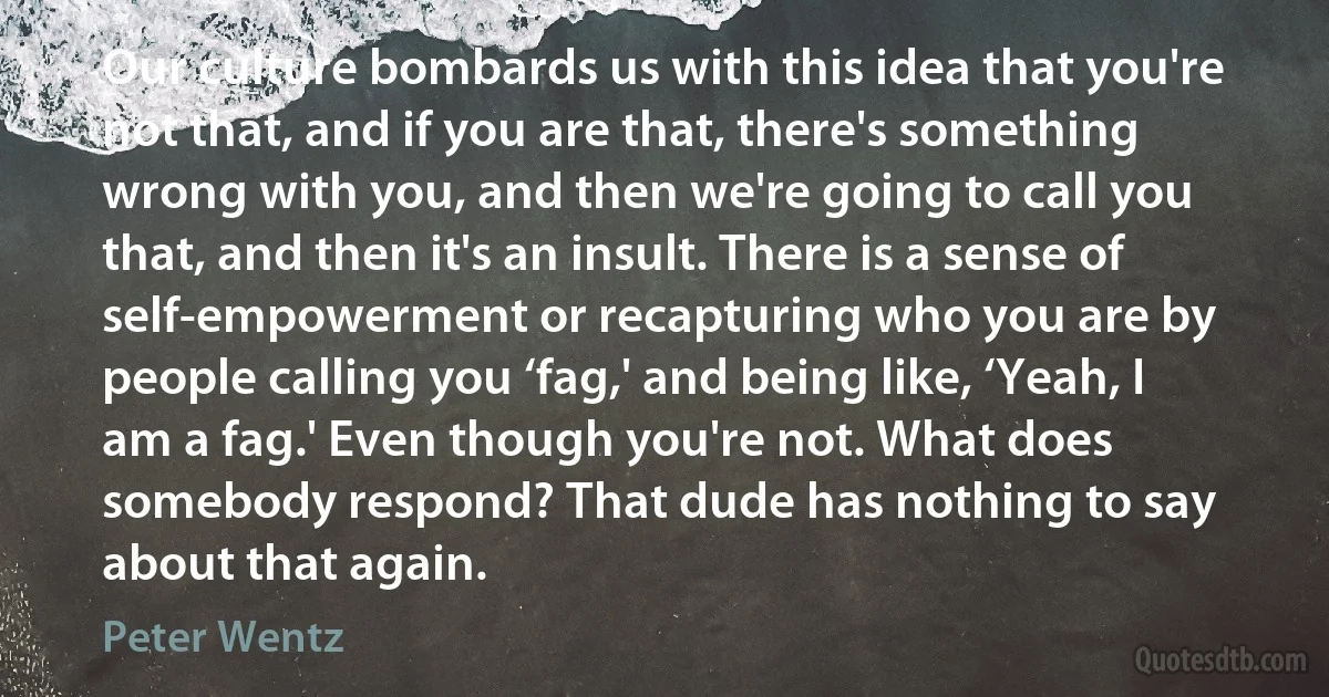 Our culture bombards us with this idea that you're not that, and if you are that, there's something wrong with you, and then we're going to call you that, and then it's an insult. There is a sense of self-empowerment or recapturing who you are by people calling you ‘fag,' and being like, ‘Yeah, I am a fag.' Even though you're not. What does somebody respond? That dude has nothing to say about that again. (Peter Wentz)