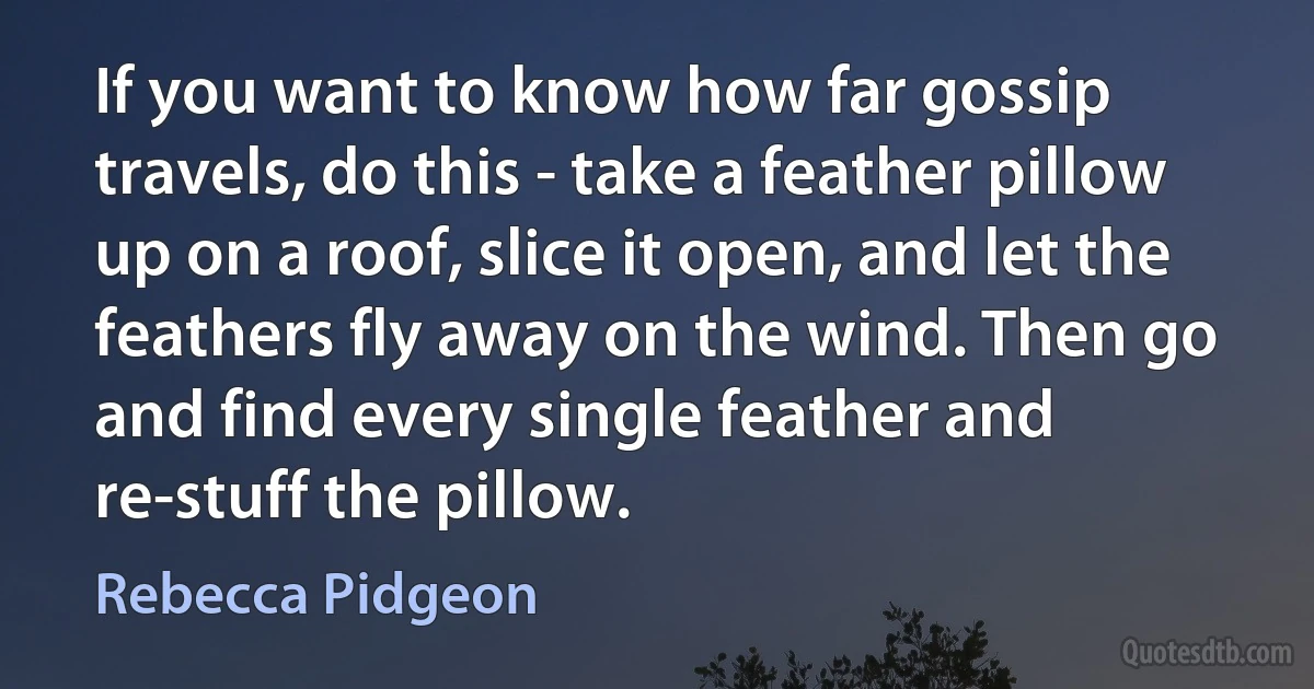 If you want to know how far gossip travels, do this - take a feather pillow up on a roof, slice it open, and let the feathers fly away on the wind. Then go and find every single feather and re-stuff the pillow. (Rebecca Pidgeon)