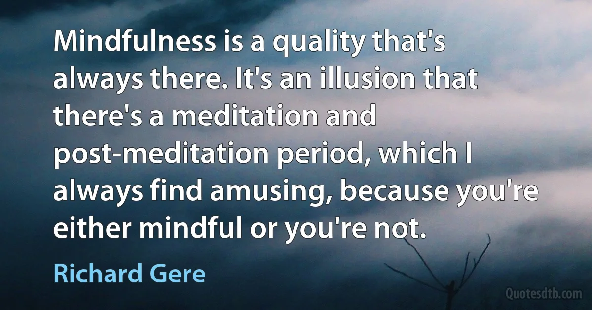 Mindfulness is a quality that's always there. It's an illusion that there's a meditation and post-meditation period, which I always find amusing, because you're either mindful or you're not. (Richard Gere)