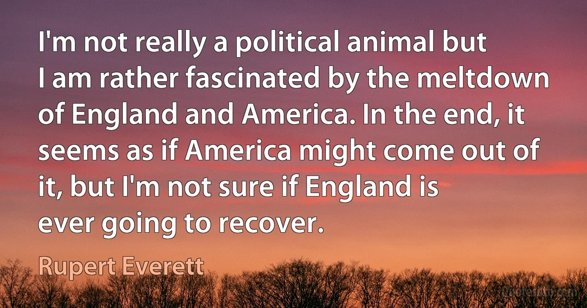 I'm not really a political animal but I am rather fascinated by the meltdown of England and America. In the end, it seems as if America might come out of it, but I'm not sure if England is ever going to recover. (Rupert Everett)