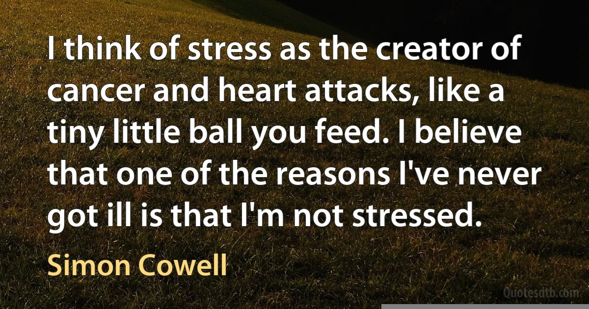 I think of stress as the creator of cancer and heart attacks, like a tiny little ball you feed. I believe that one of the reasons I've never got ill is that I'm not stressed. (Simon Cowell)