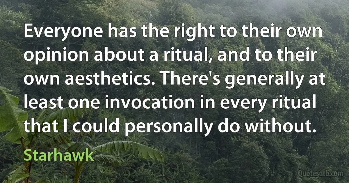 Everyone has the right to their own opinion about a ritual, and to their own aesthetics. There's generally at least one invocation in every ritual that I could personally do without. (Starhawk)