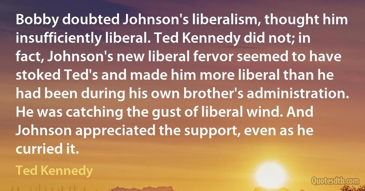 Bobby doubted Johnson's liberalism, thought him insufficiently liberal. Ted Kennedy did not; in fact, Johnson's new liberal fervor seemed to have stoked Ted's and made him more liberal than he had been during his own brother's administration. He was catching the gust of liberal wind. And Johnson appreciated the support, even as he curried it. (Ted Kennedy)