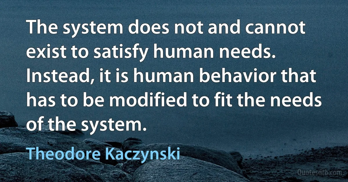 The system does not and cannot exist to satisfy human needs. Instead, it is human behavior that has to be modified to fit the needs of the system. (Theodore Kaczynski)