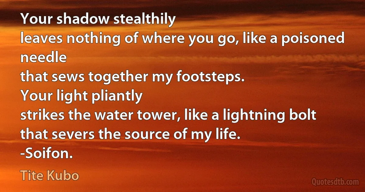 Your shadow stealthily
leaves nothing of where you go, like a poisoned needle
that sews together my footsteps.
Your light pliantly
strikes the water tower, like a lightning bolt
that severs the source of my life.
-Soifon. (Tite Kubo)