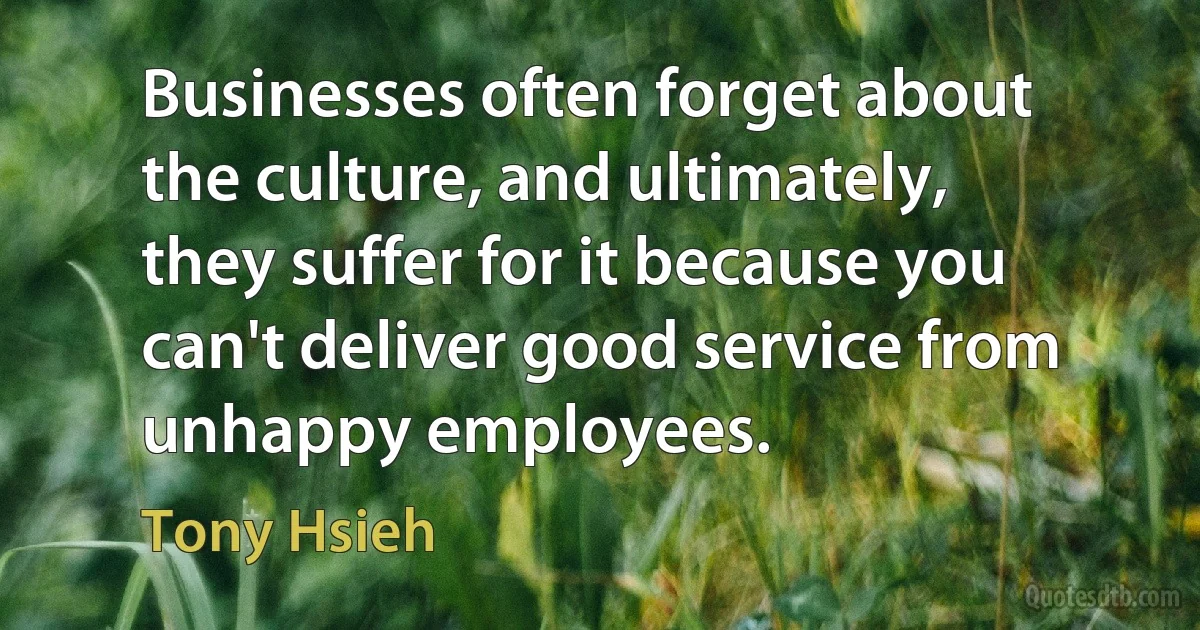 Businesses often forget about the culture, and ultimately, they suffer for it because you can't deliver good service from unhappy employees. (Tony Hsieh)