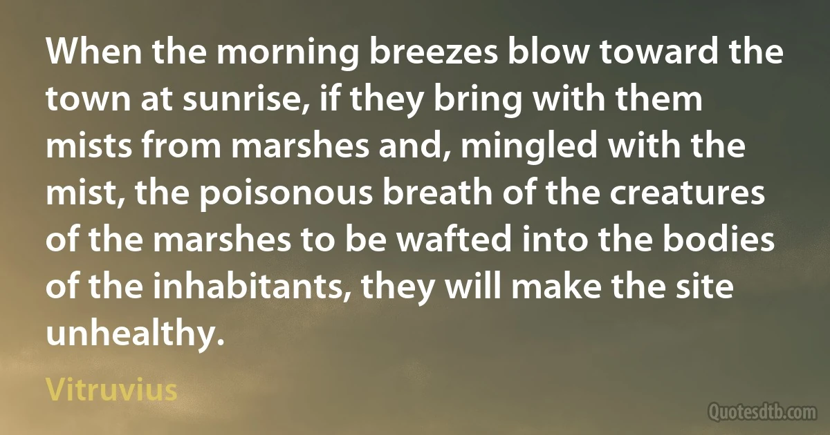 When the morning breezes blow toward the town at sunrise, if they bring with them mists from marshes and, mingled with the mist, the poisonous breath of the creatures of the marshes to be wafted into the bodies of the inhabitants, they will make the site unhealthy. (Vitruvius)