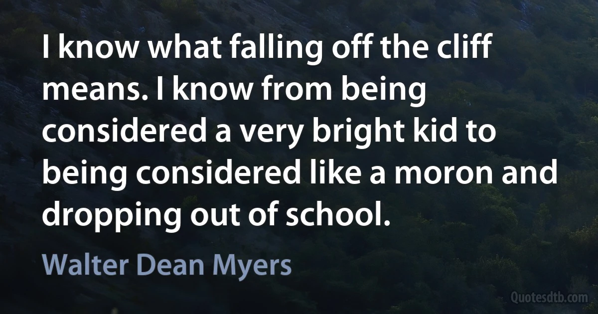 I know what falling off the cliff means. I know from being considered a very bright kid to being considered like a moron and dropping out of school. (Walter Dean Myers)