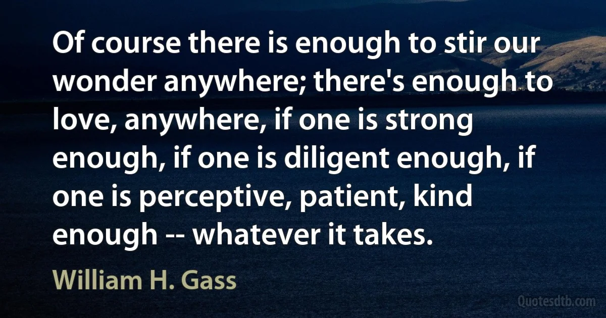 Of course there is enough to stir our wonder anywhere; there's enough to love, anywhere, if one is strong enough, if one is diligent enough, if one is perceptive, patient, kind enough -- whatever it takes. (William H. Gass)