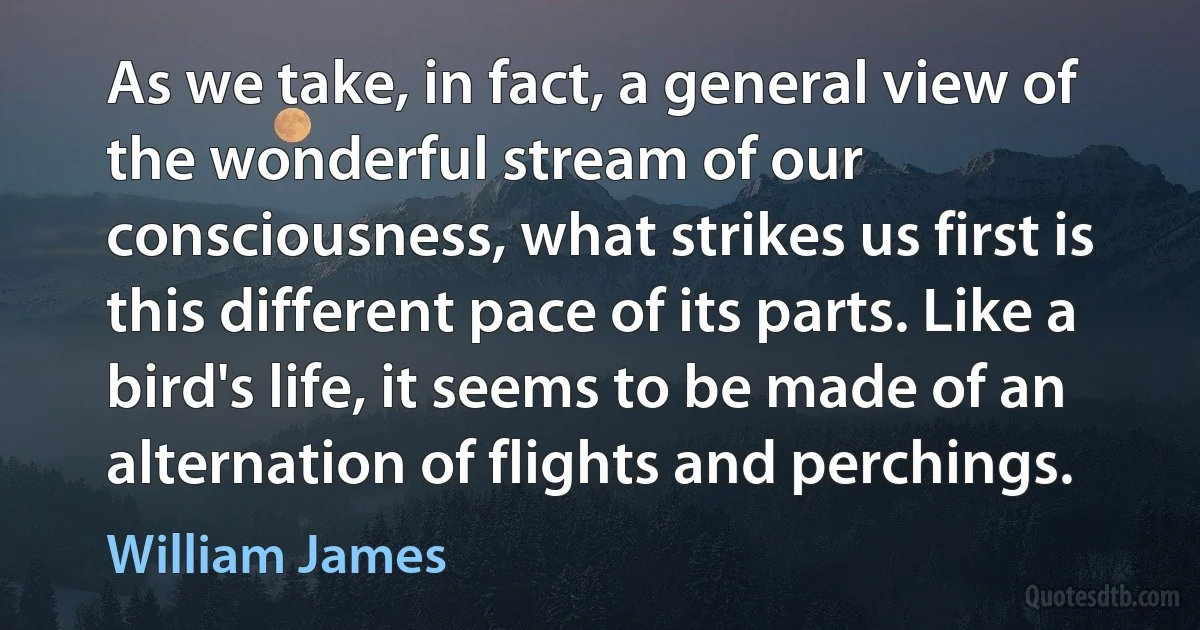 As we take, in fact, a general view of the wonderful stream of our consciousness, what strikes us first is this different pace of its parts. Like a bird's life, it seems to be made of an alternation of flights and perchings. (William James)