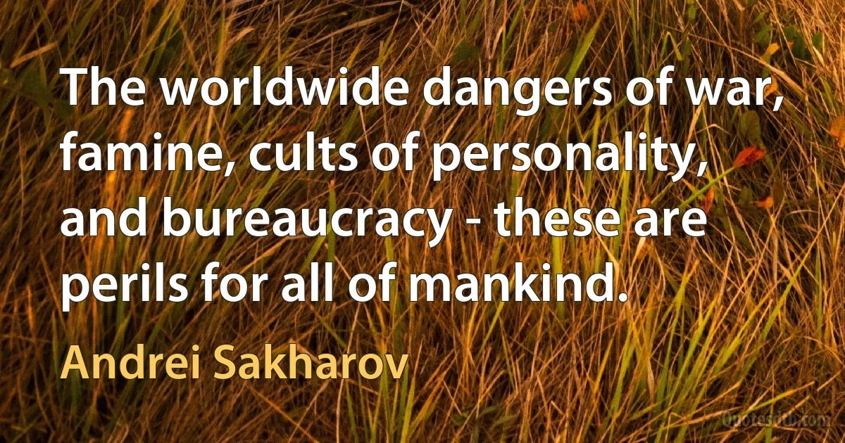 The worldwide dangers of war, famine, cults of personality, and bureaucracy - these are perils for all of mankind. (Andrei Sakharov)