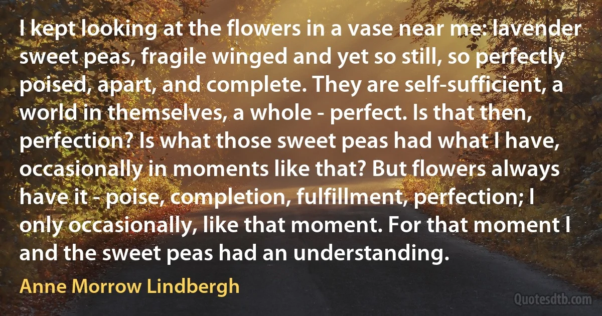 I kept looking at the flowers in a vase near me: lavender sweet peas, fragile winged and yet so still, so perfectly poised, apart, and complete. They are self-sufficient, a world in themselves, a whole - perfect. Is that then, perfection? Is what those sweet peas had what I have, occasionally in moments like that? But flowers always have it - poise, completion, fulfillment, perfection; I only occasionally, like that moment. For that moment I and the sweet peas had an understanding. (Anne Morrow Lindbergh)