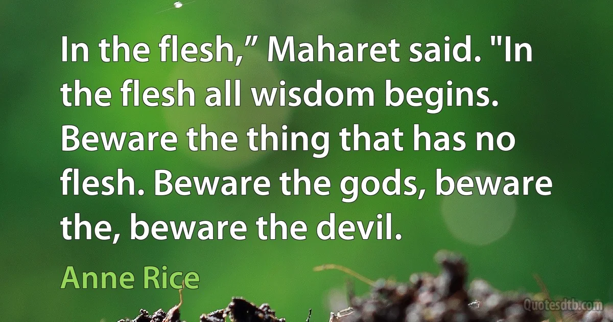 In the flesh,” Maharet said. "In the flesh all wisdom begins. Beware the thing that has no flesh. Beware the gods, beware the, beware the devil. (Anne Rice)