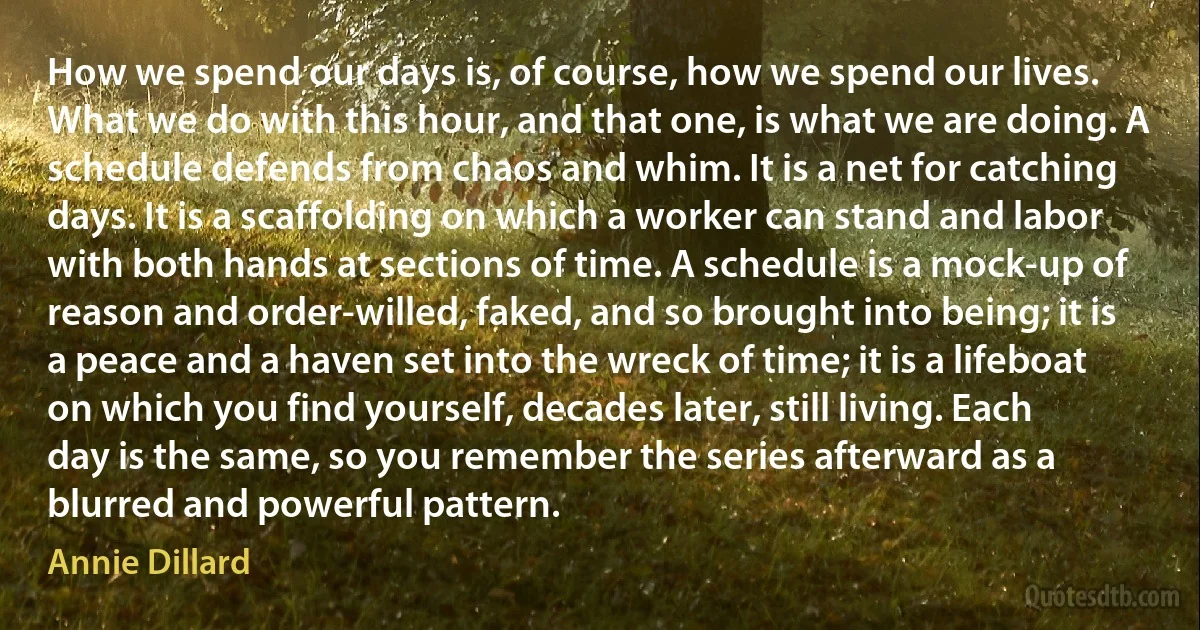 How we spend our days is, of course, how we spend our lives. What we do with this hour, and that one, is what we are doing. A schedule defends from chaos and whim. It is a net for catching days. It is a scaffolding on which a worker can stand and labor with both hands at sections of time. A schedule is a mock-up of reason and order-willed, faked, and so brought into being; it is a peace and a haven set into the wreck of time; it is a lifeboat on which you find yourself, decades later, still living. Each day is the same, so you remember the series afterward as a blurred and powerful pattern. (Annie Dillard)